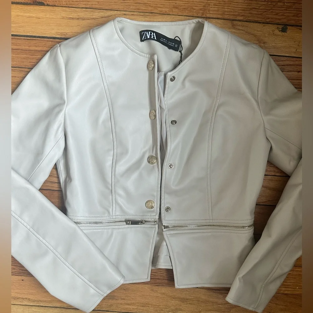 Zara Biker Cropped Jacket Womens Faux Leather Zipper Cuffs Classic XS - Picture 4 of 7